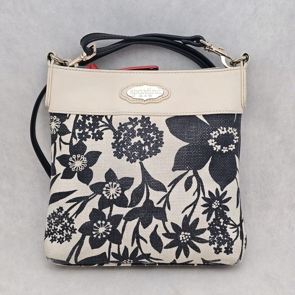 Spartina 449 Linen Floral Crossbody Bag Black White Cream Trim Turquoise Lining